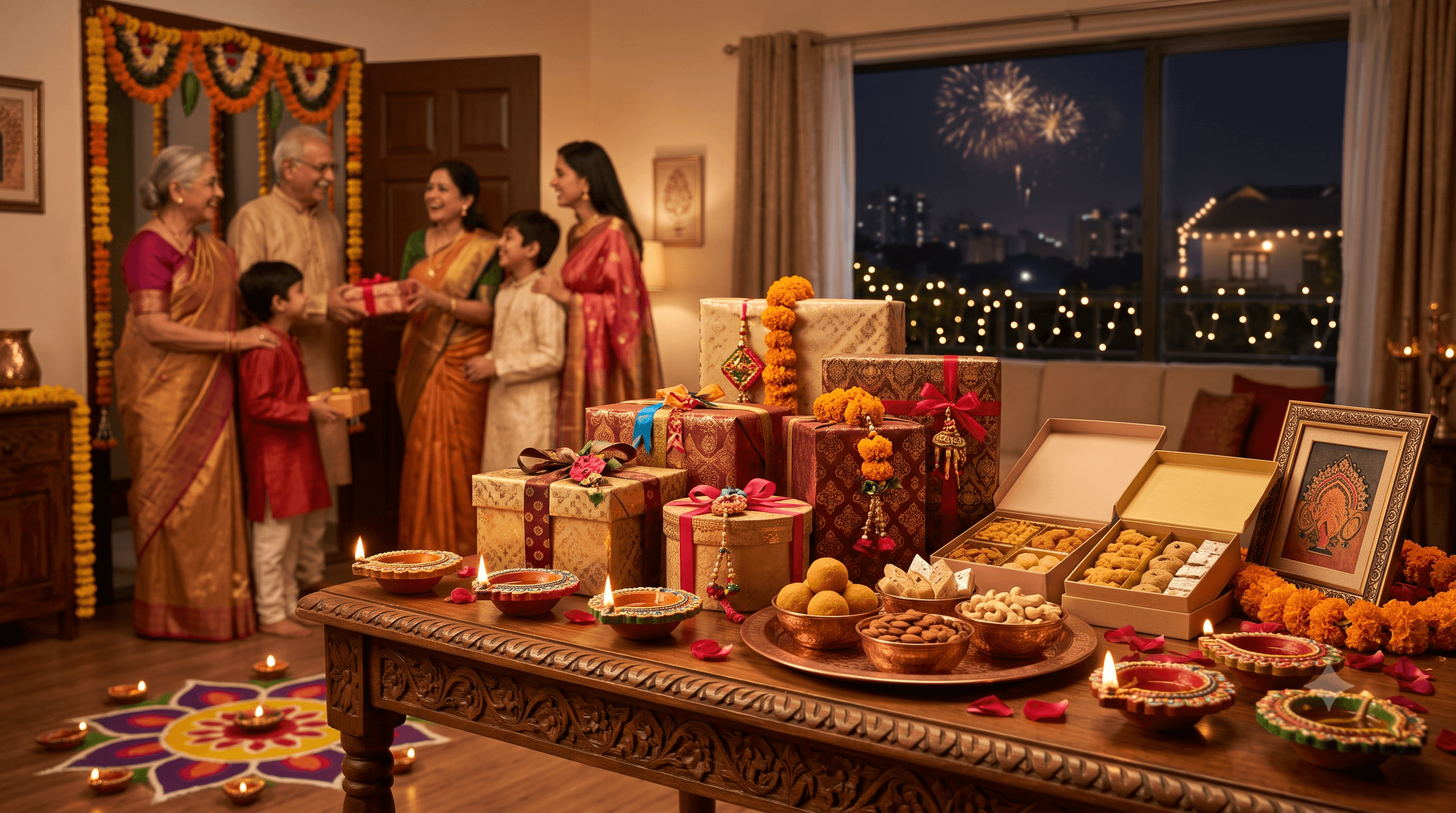 A warm, realistic photo of an Indian family celebrating Diwali in a decorated home. In the foreground, a wooden table holds patterned gift boxes, bowls of sweets and nuts, and lit diyas (oil lamps), with marigold garlands and rose petals. In the background, a multigenerational family stands near a decorated doorway, smiling as an elder hands a gift to a younger man. Through a large window, fireworks are visible in the night sky