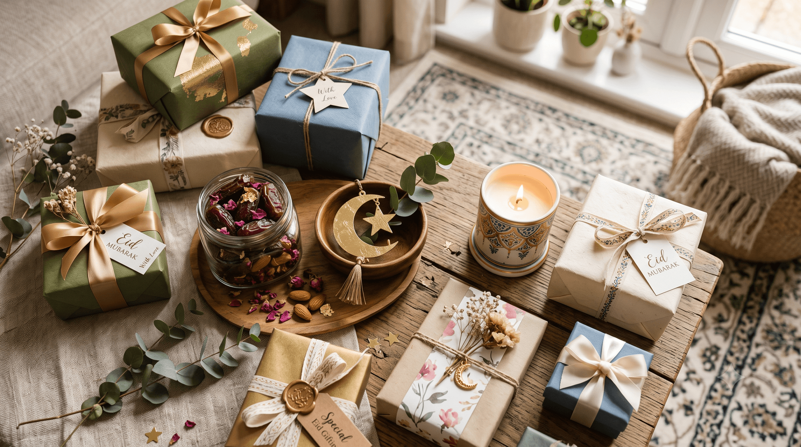 Wrapped Eid Mubarak gift boxes with dates, a candle, and a moon and star charm