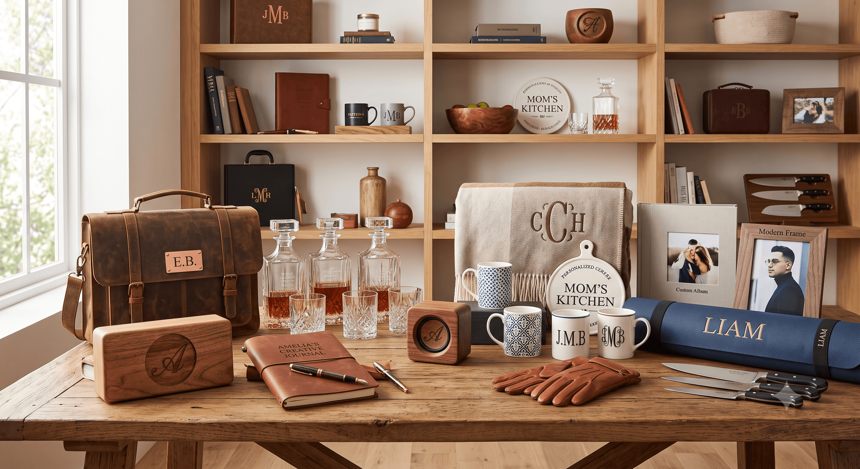 A collection of personalized gift items displayed on a wooden table and shelves, including a monogrammed leather bag, engraved wooden box, whiskey decanters and glasses, monogrammed mugs, a custom leather journal, name-embossed accessories, a 'Mom's Kitchen' cutting board, a monogrammed blanket, and personalized photo frames and albums